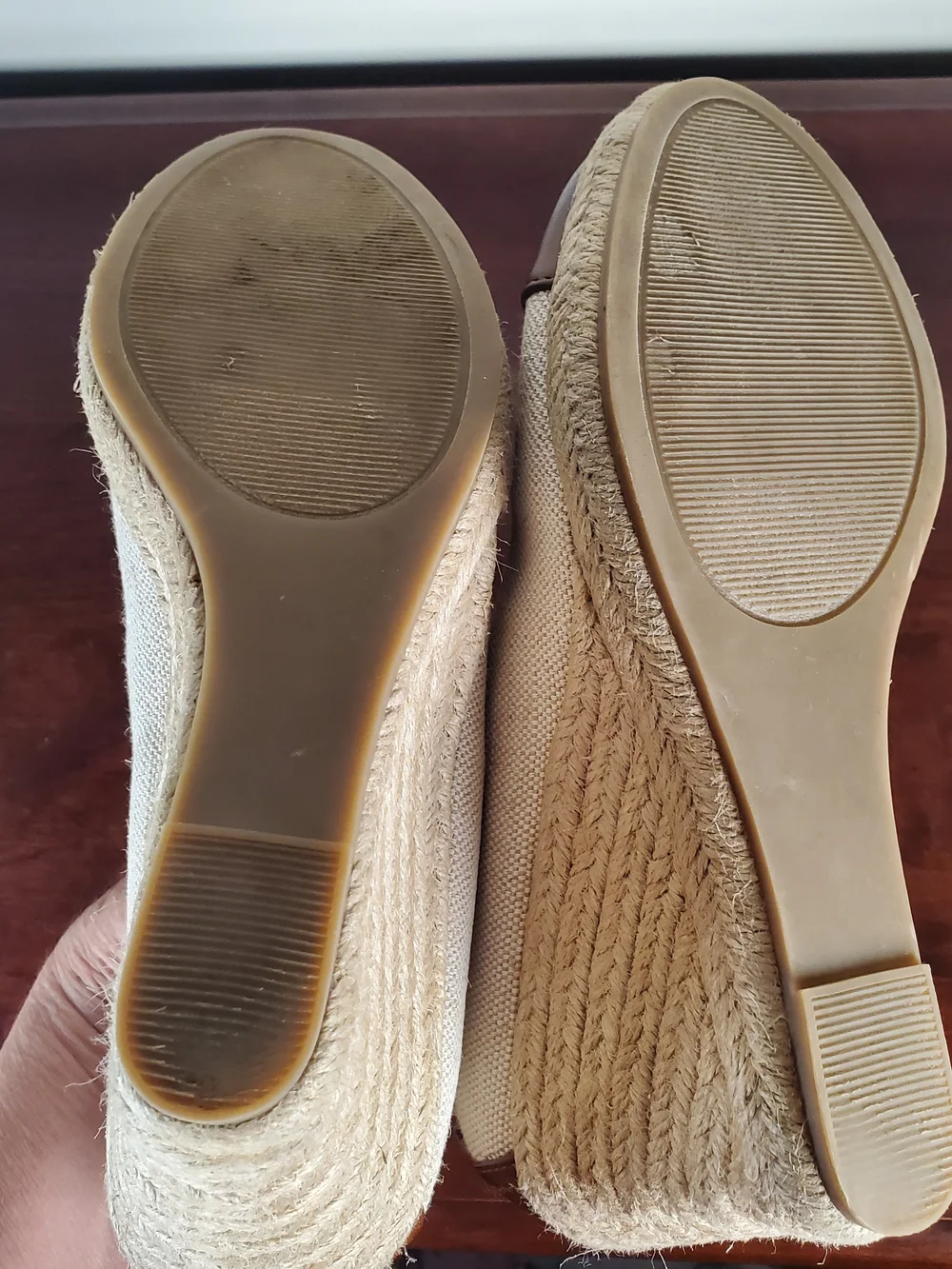 G.H. Bass & Co. - Kaitlyn Beige Canvas and Brown  Faux Leather Espadrille Wedges